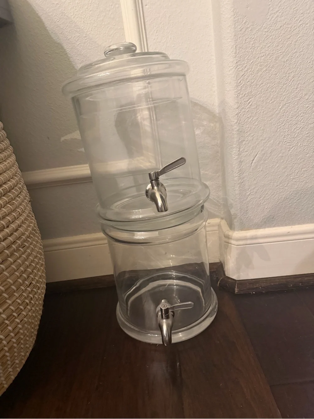 Pottery Barn Clear Glass Double-Tier Beverage Dispenser with Silver Spigots
